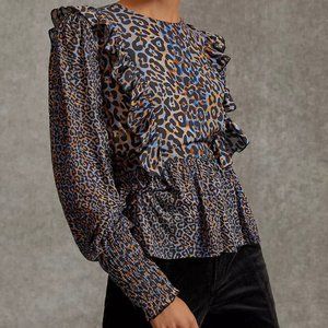 *NEW* Anthroplogie Bl^nk Moira Ruffle Leopard Print Blouse Size XS